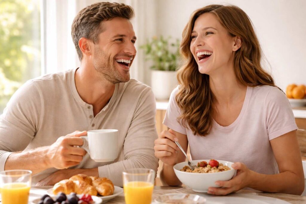 Smiling couple enjoying breakfast together at home.